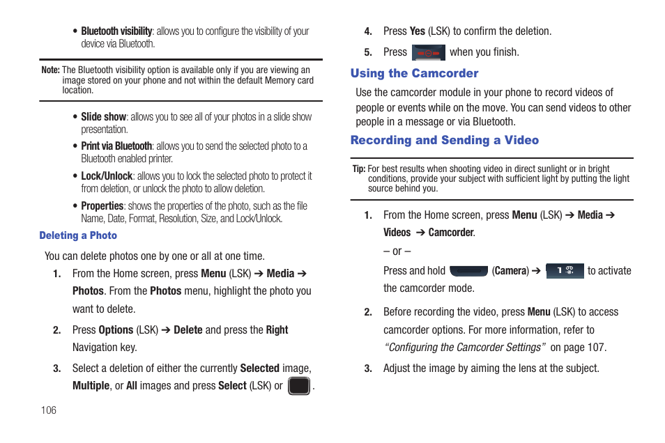 Using the camcorder, Recording and sending a video, Using the camcorder recording and sending a video | Samsung SGH-T379UABTMB User Manual | Page 112 / 174