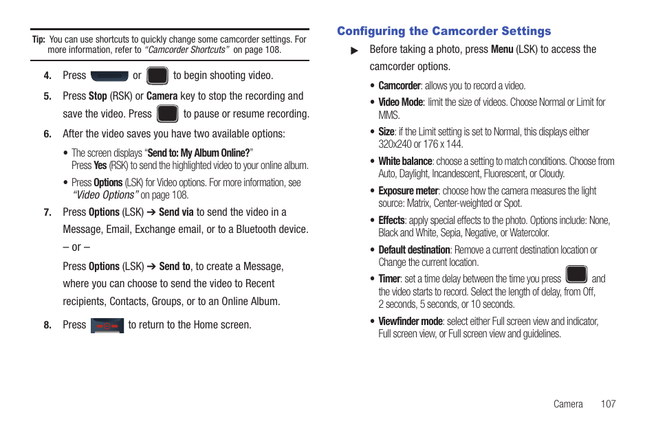 Configuring the camcorder settings | Samsung SGH-T379UABTMB User Manual | Page 113 / 174