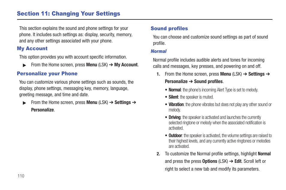 Section 11: changing your settings, My account, Personalize your phone | Sound profiles, My account personalize your phone sound profiles | Samsung SGH-T379UABTMB User Manual | Page 116 / 174