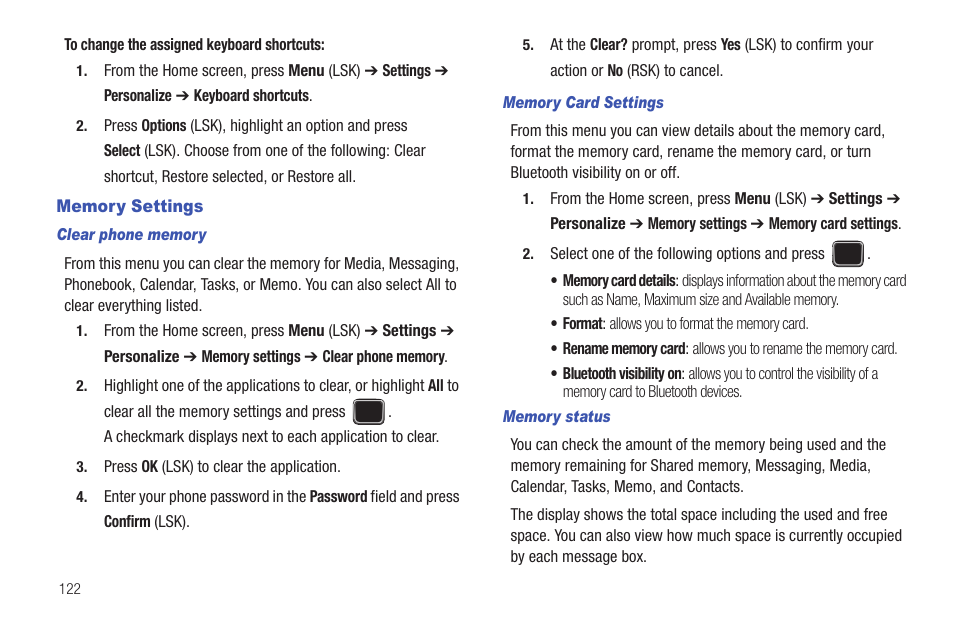 Memory settings | Samsung SGH-T379UABTMB User Manual | Page 128 / 174