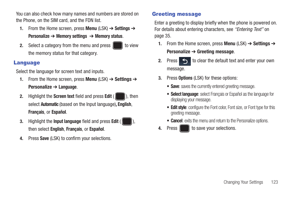 Language, Greeting message, Language greeting message | Samsung SGH-T379UABTMB User Manual | Page 129 / 174