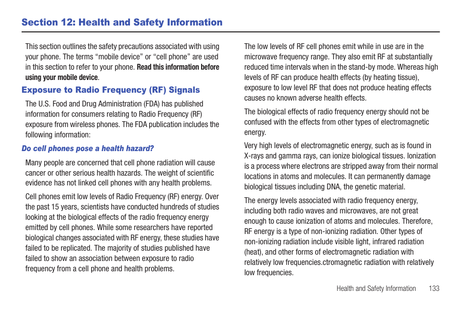 Section 12: health and safety information, Exposure to radio frequency (rf) signals | Samsung SGH-T379UABTMB User Manual | Page 139 / 174