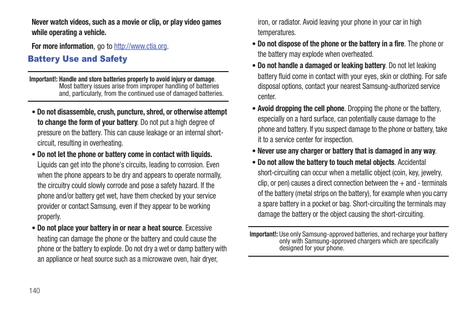 Battery use and safety | Samsung SGH-T379UABTMB User Manual | Page 146 / 174