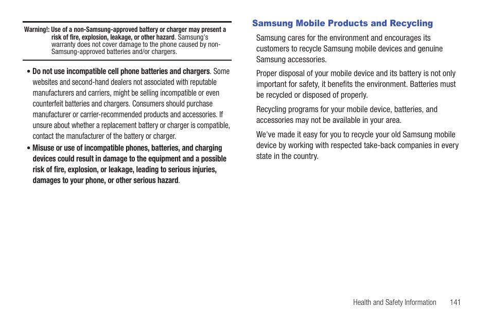 Samsung mobile products and recycling | Samsung SGH-T379UABTMB User Manual | Page 147 / 174