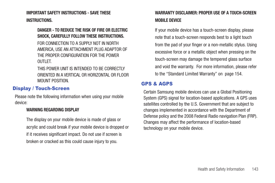 Display / touch-screen, Gps & agps | Samsung SGH-T379UABTMB User Manual | Page 149 / 174