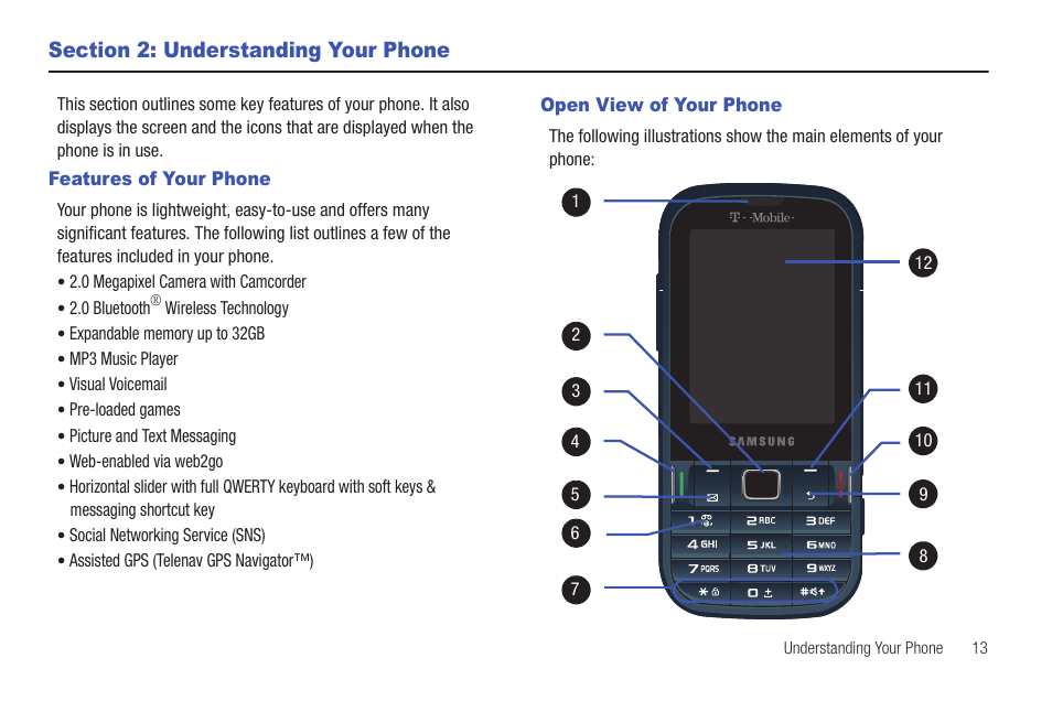 Section 2: understanding your phone, Features of your phone, Open view of your phone | Features of your phone open view of your phone | Samsung SGH-T379UABTMB User Manual | Page 19 / 174