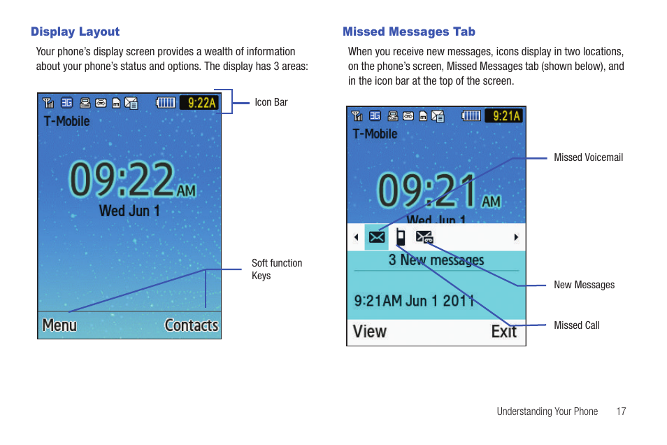 Display layout, Missed messages tab, Display layout missed messages tab | Samsung SGH-T379UABTMB User Manual | Page 23 / 174