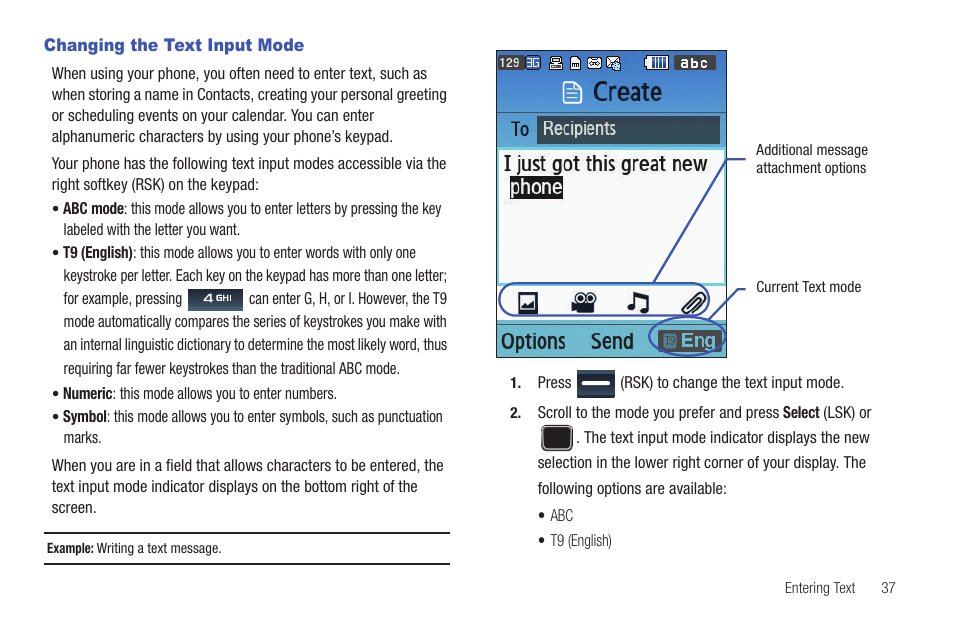 Changing the text input mode | Samsung SGH-T379UABTMB User Manual | Page 43 / 174