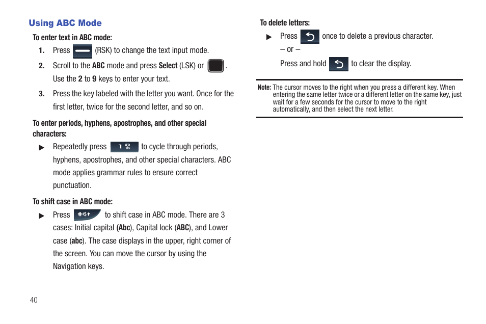 Using abc mode | Samsung SGH-T379UABTMB User Manual | Page 46 / 174