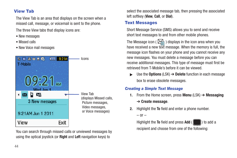 View tab, Text messages, View tab text messages | Samsung SGH-T379UABTMB User Manual | Page 50 / 174