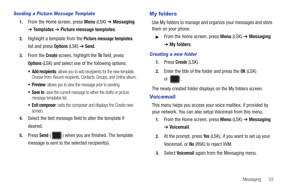 My folders, Voicemail, My folders voicemail | Samsung SGH-T379UABTMB User Manual | Page 59 / 174