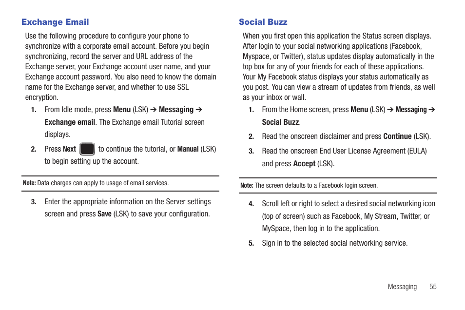 Exchange email, Social buzz, Exchange email social buzz | Samsung SGH-T379UABTMB User Manual | Page 61 / 174
