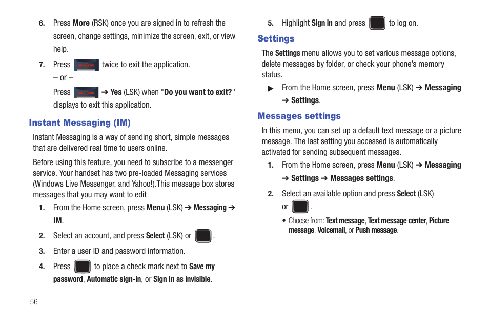 Instant messaging (im), Settings, Messages settings | Instant messaging (im) settings messages settings | Samsung SGH-T379UABTMB User Manual | Page 62 / 174