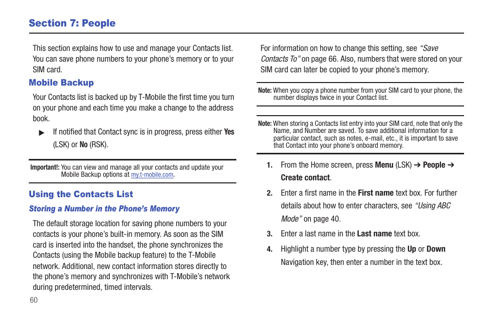 Section 7: people, Mobile backup, Using the contacts list | Mobile backup using the contacts list | Samsung SGH-T379UABTMB User Manual | Page 66 / 174