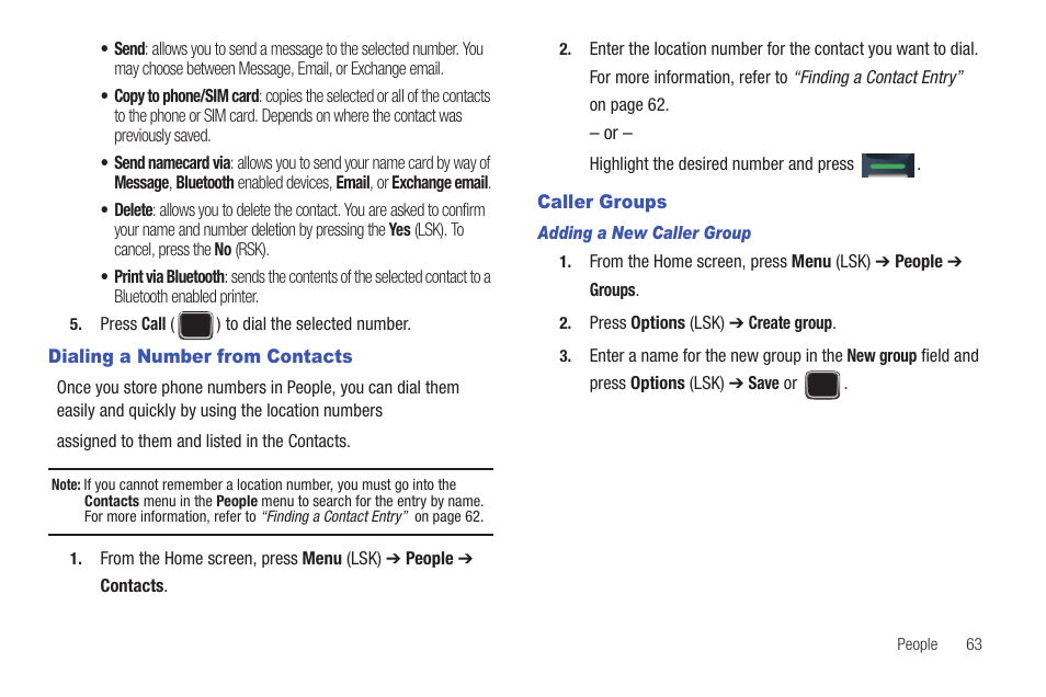 Dialing a number from contacts, Caller groups, Dialing a number from contacts caller groups | Samsung SGH-T379UABTMB User Manual | Page 69 / 174
