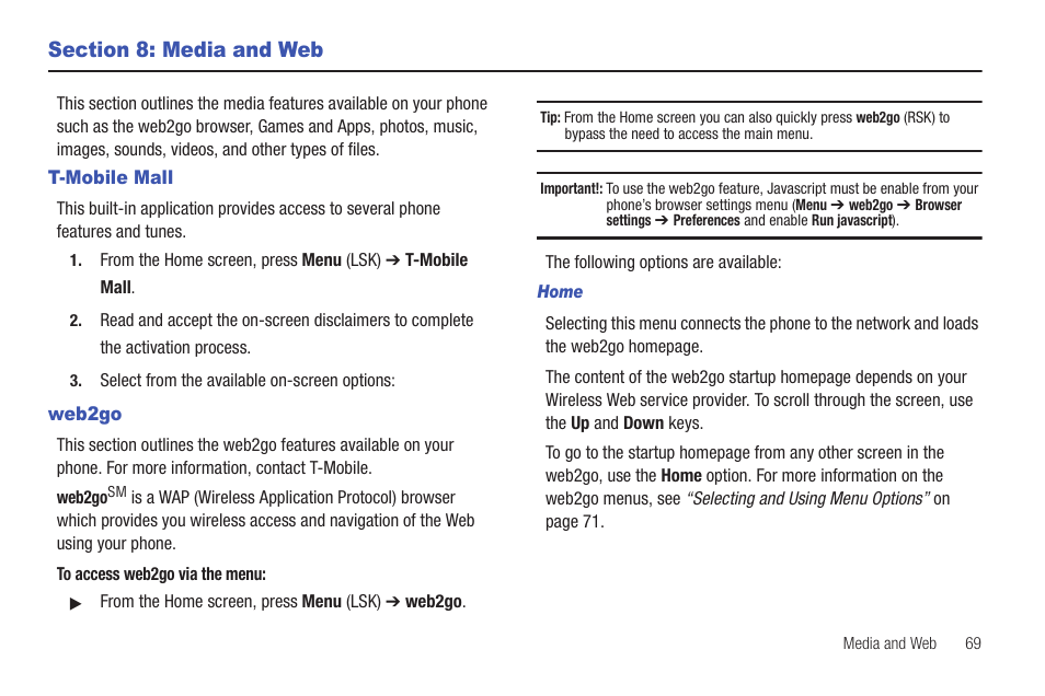 Section 8: media and web, T-mobile mall, Web2go | T-mobile mall web2go | Samsung SGH-T379UABTMB User Manual | Page 75 / 174