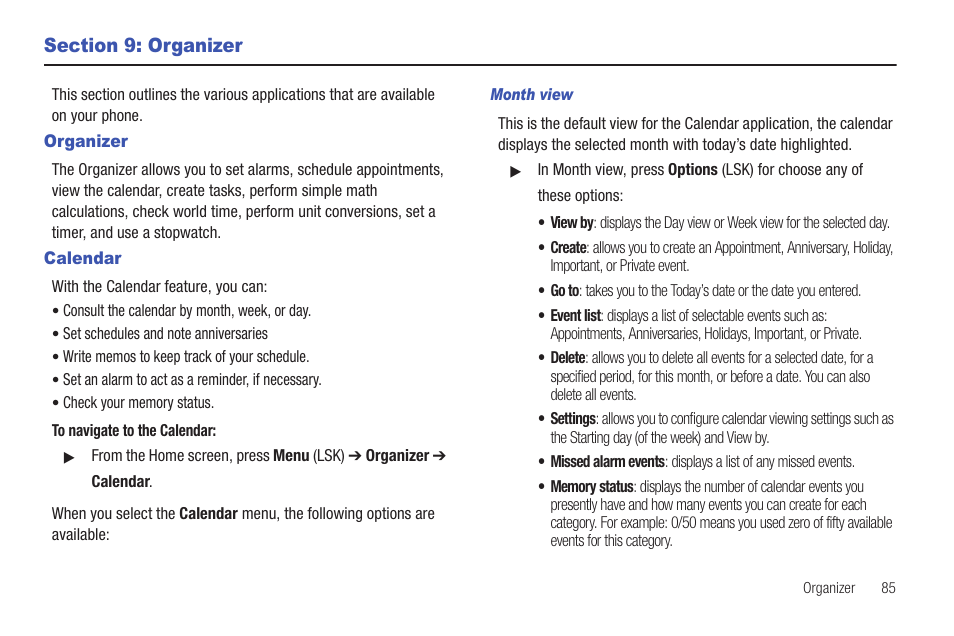 Section 9: organizer, Organizer, Calendar | Organizer calendar | Samsung SGH-T379UABTMB User Manual | Page 91 / 174