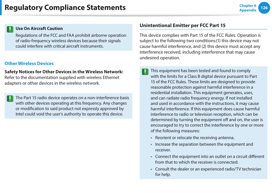 Regulatory compliance statements | Samsung NP915S3G-K01US User Manual | Page 126 / 145