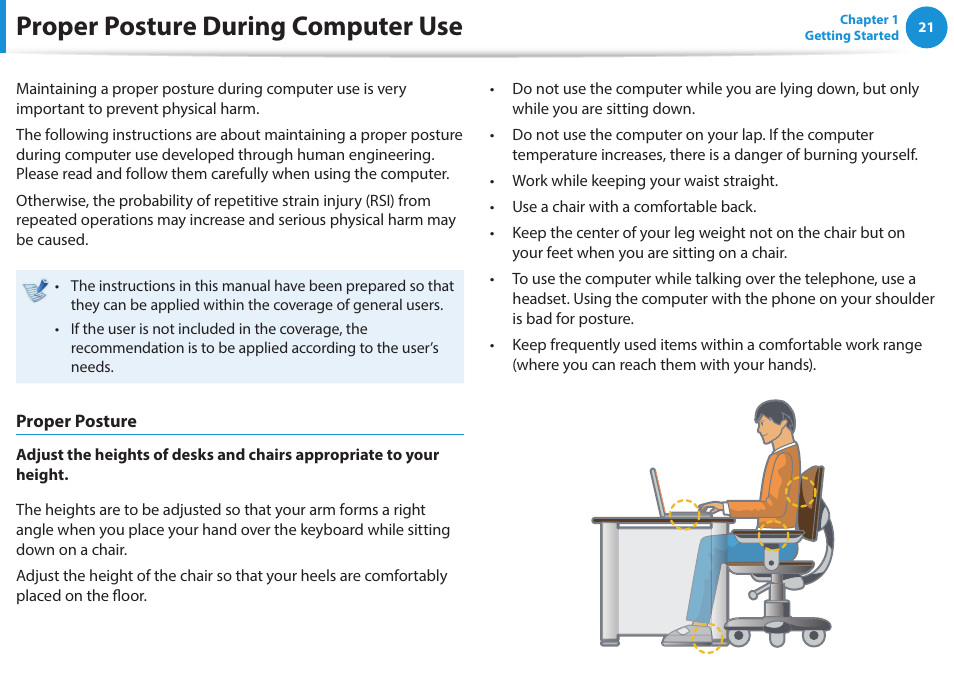 Proper posture during computer use | Samsung NP915S3G-K01US User Manual | Page 21 / 145