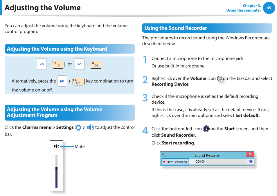 Adjusting the volume | Samsung NP915S3G-K01US User Manual | Page 69 / 145