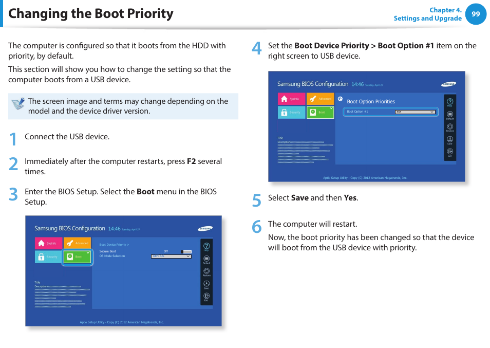 Changing the boot priority | Samsung NP915S3G-K01US User Manual | Page 99 / 145