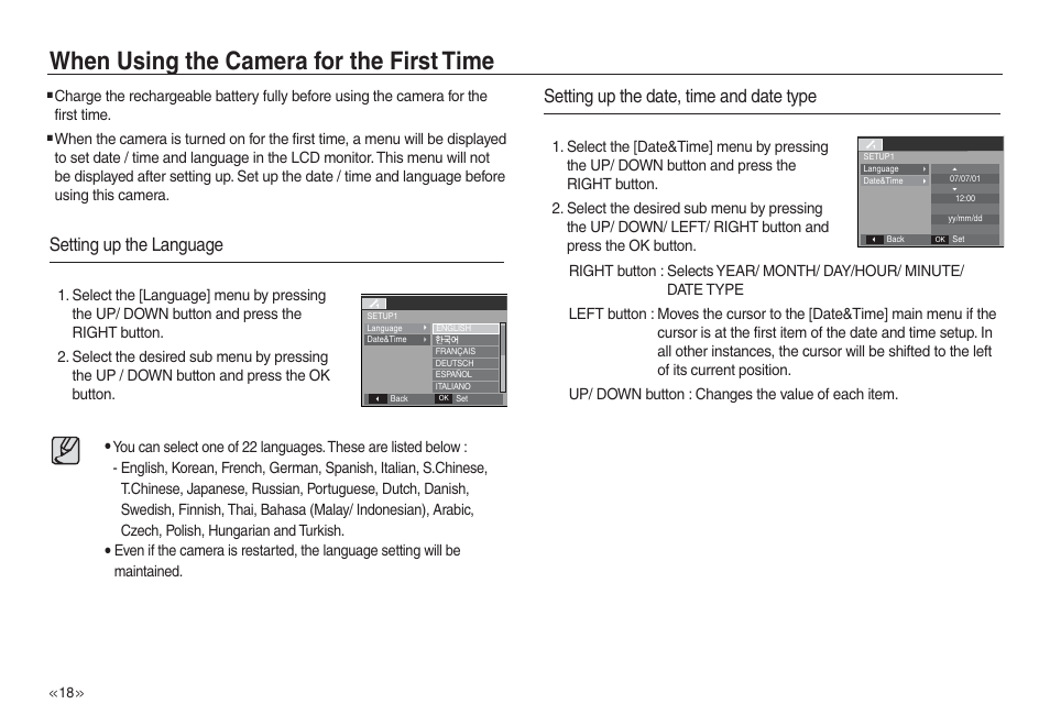 When using the camera for the first time, Setting up the language, Setting up the date, time and date type | Samsung L730 User Manual | Page 19 / 111
