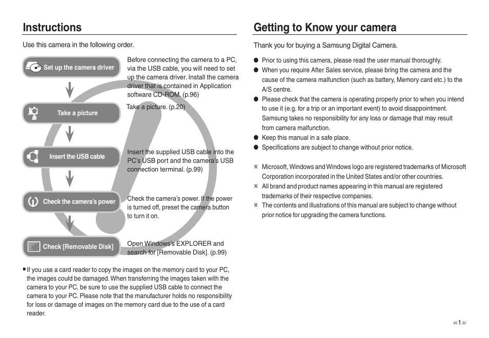 Instructions getting to know your camera | Samsung L730 User Manual | Page 2 / 111