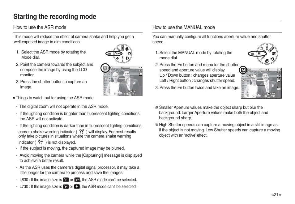 Starting the recording mode | Samsung L730 User Manual | Page 22 / 111