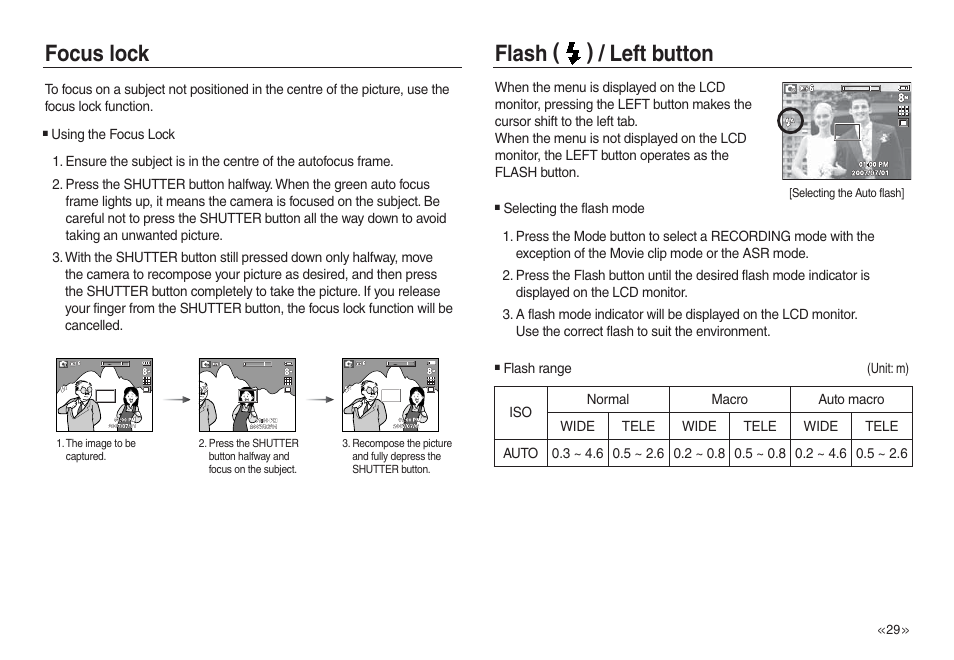 Focus lock flash ( ) / left button | Samsung L730 User Manual | Page 30 / 111