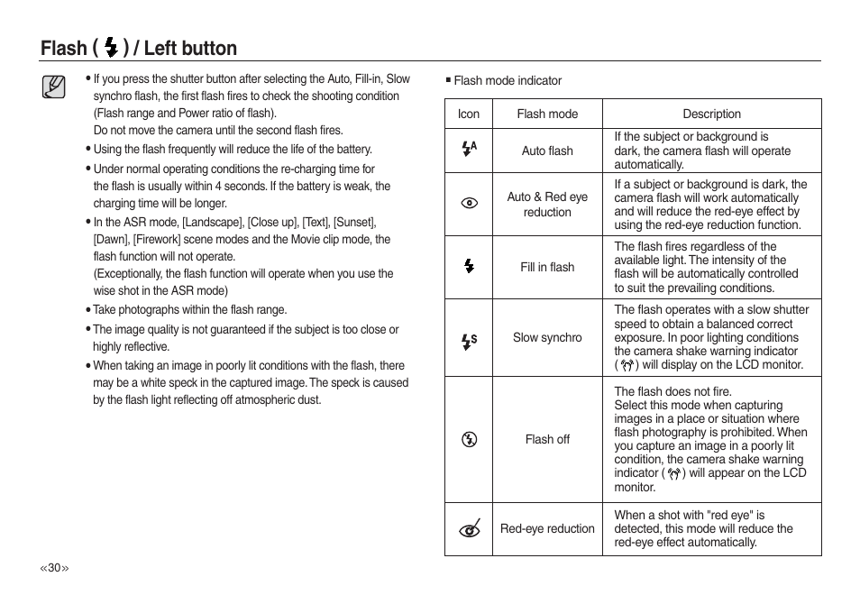 Flash ( ) / left button | Samsung L730 User Manual | Page 31 / 111