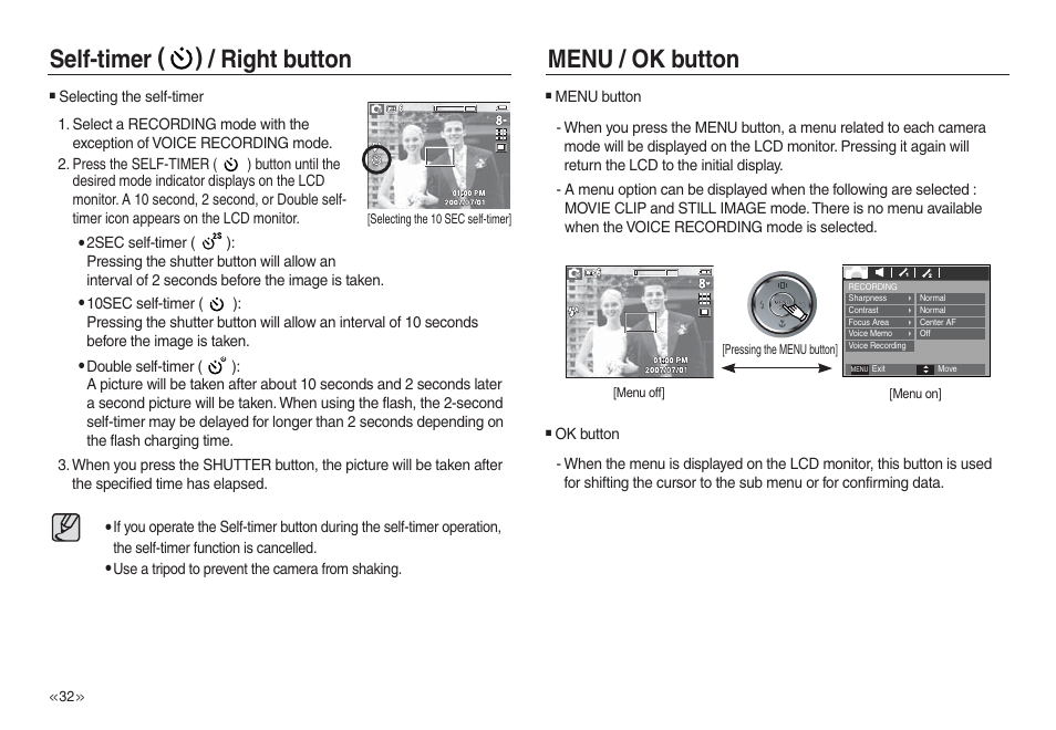 Self-timer ( ) / right button, Menu / ok button | Samsung L730 User Manual | Page 33 / 111