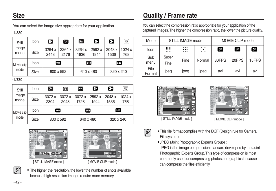 Size quality / frame rate | Samsung L730 User Manual | Page 43 / 111