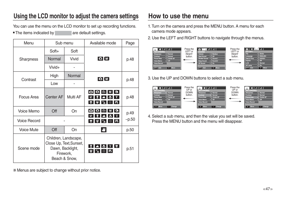 How to use the menu | Samsung L730 User Manual | Page 48 / 111