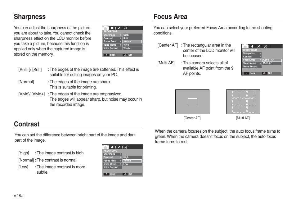 Sharpness, Contrast, Focus area | Samsung L730 User Manual | Page 49 / 111