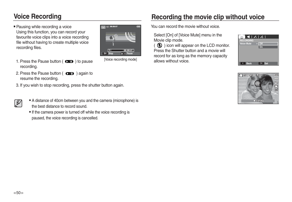 Voice recording, Recording the movie clip without voice | Samsung L730 User Manual | Page 51 / 111