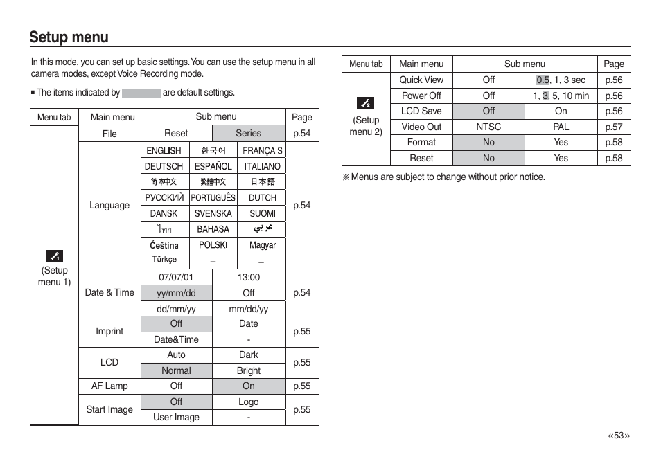 Setup menu | Samsung L730 User Manual | Page 54 / 111