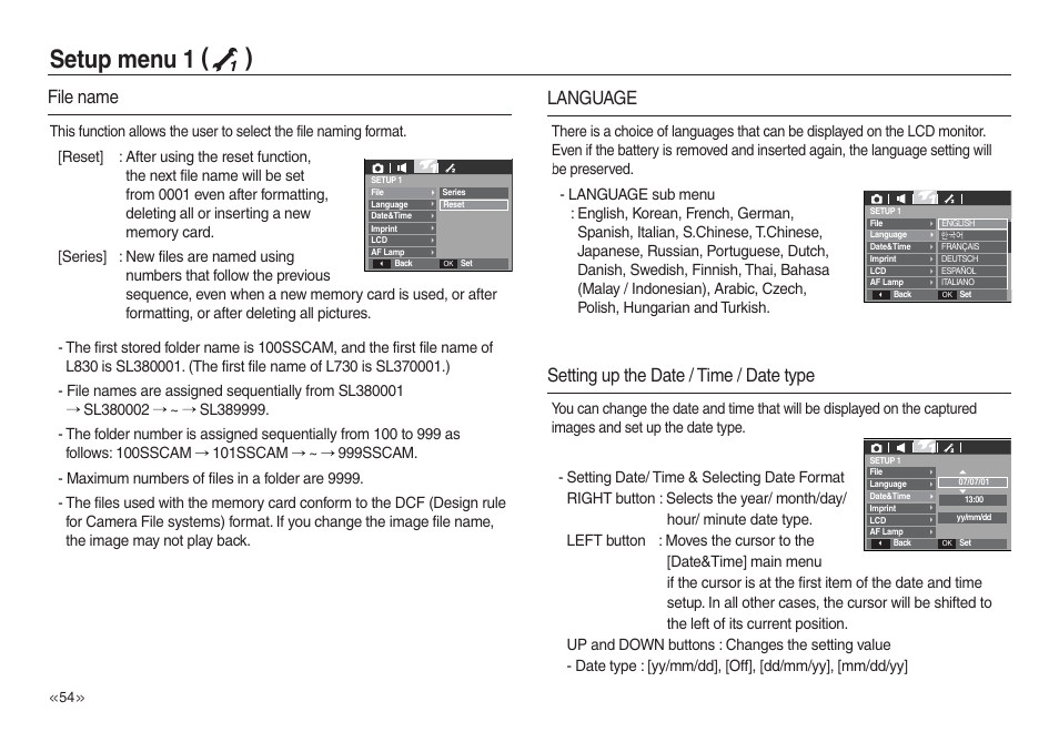 Setup menu 1 ( ), Language, Setting up the date / time / date type | File name | Samsung L730 User Manual | Page 55 / 111