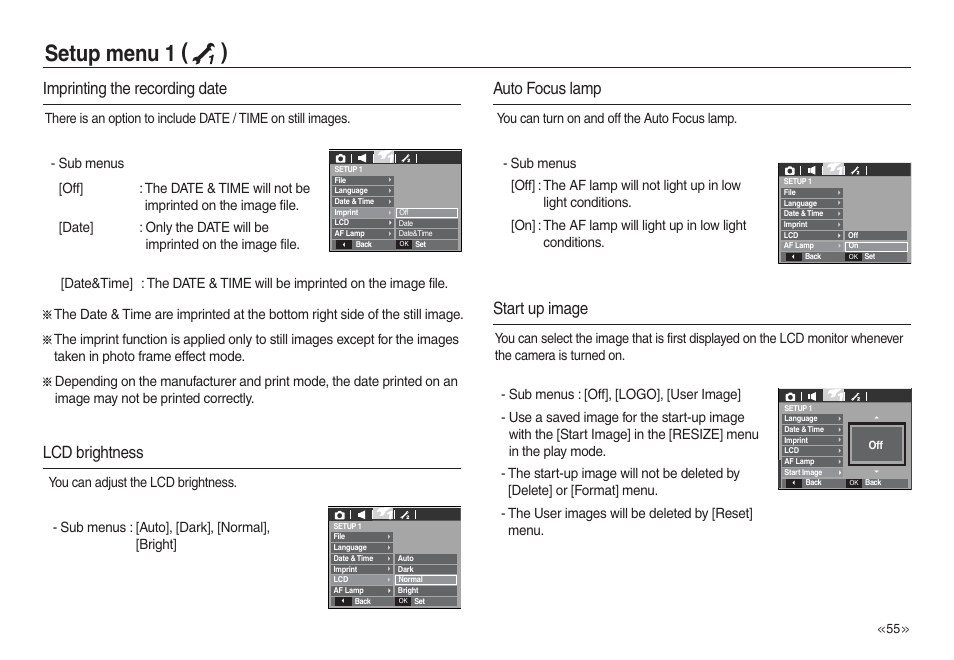 Setup menu 1 ( ), Imprinting the recording date, Auto focus lamp | Start up image, Lcd brightness | Samsung L730 User Manual | Page 56 / 111