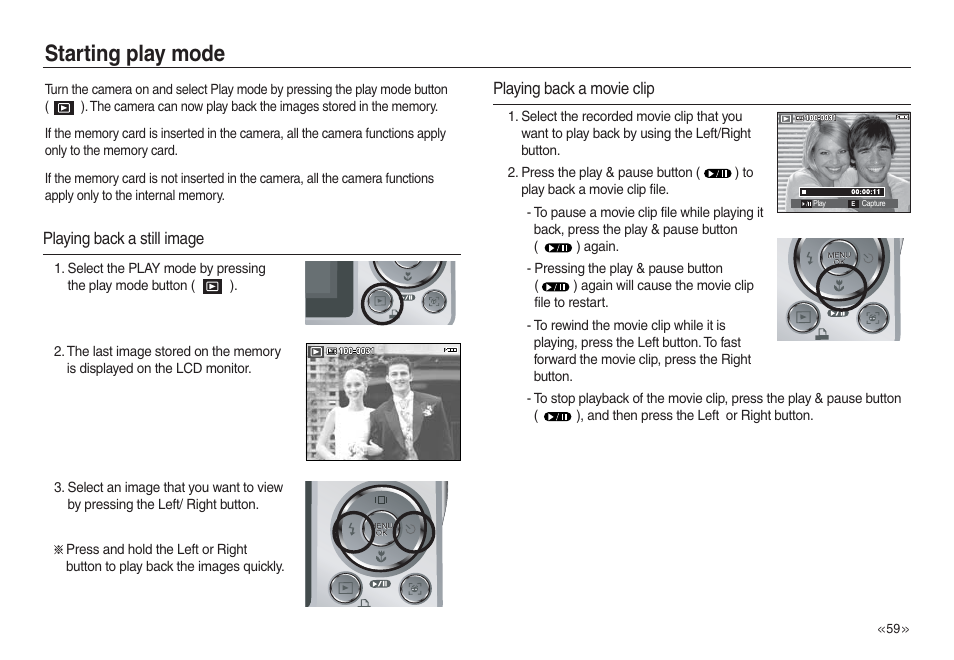 Starting play mode, Playing back a still image, Playing back a movie clip | Samsung L730 User Manual | Page 60 / 111