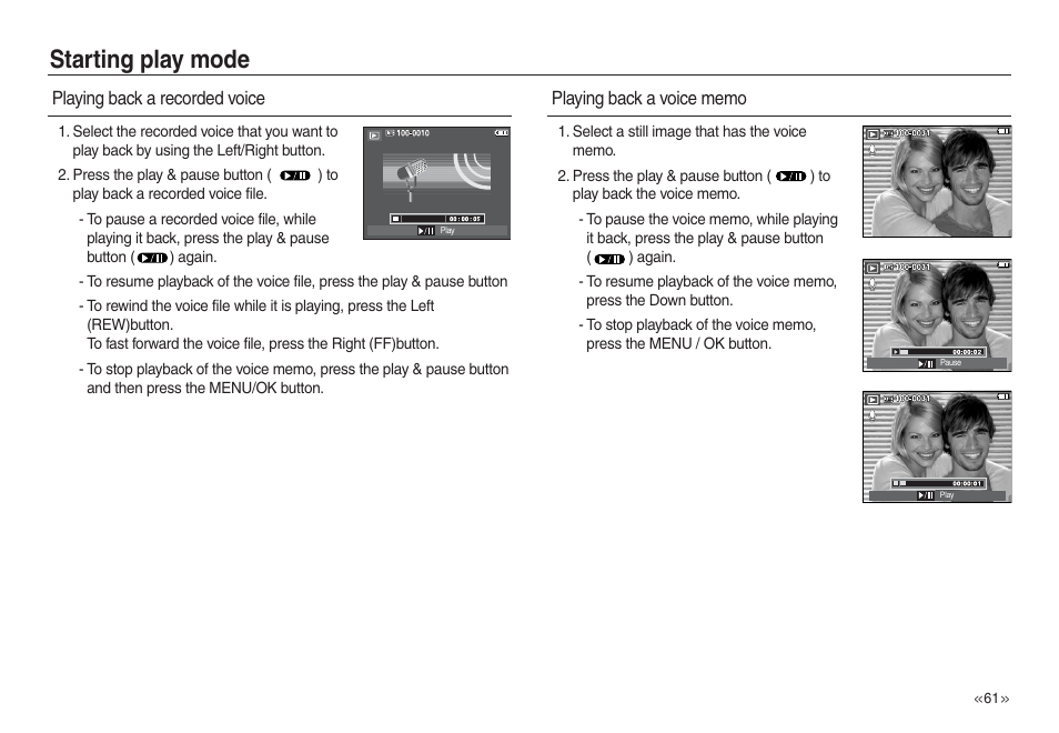 Starting play mode, Playing back a recorded voice | Samsung L730 User Manual | Page 62 / 111