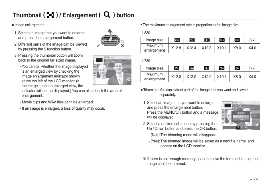 Thumbnail ( ) / enlargement ( ) button | Samsung L730 User Manual | Page 64 / 111