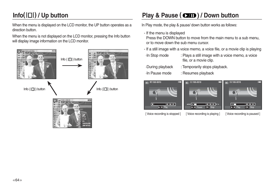 Info( ) / up button play & pause ( ) / down button | Samsung L730 User Manual | Page 65 / 111