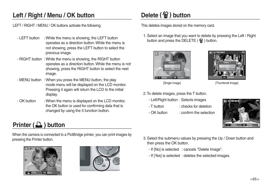 Left / right / menu / ok button delete ( ) button, Printer ( ) button | Samsung L730 User Manual | Page 66 / 111