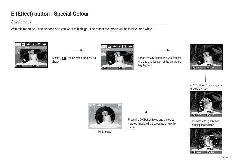 E (effect) button : special colour, Colour mask, Up/down/left/right button: changing the location | Samsung L730 User Manual | Page 70 / 111
