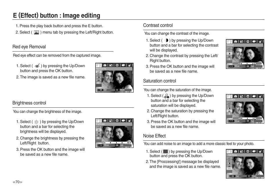 E (effect) button : image editing, Brightness control, Contrast control | Saturation control, Red eye removal, Noise effect | Samsung L730 User Manual | Page 71 / 111