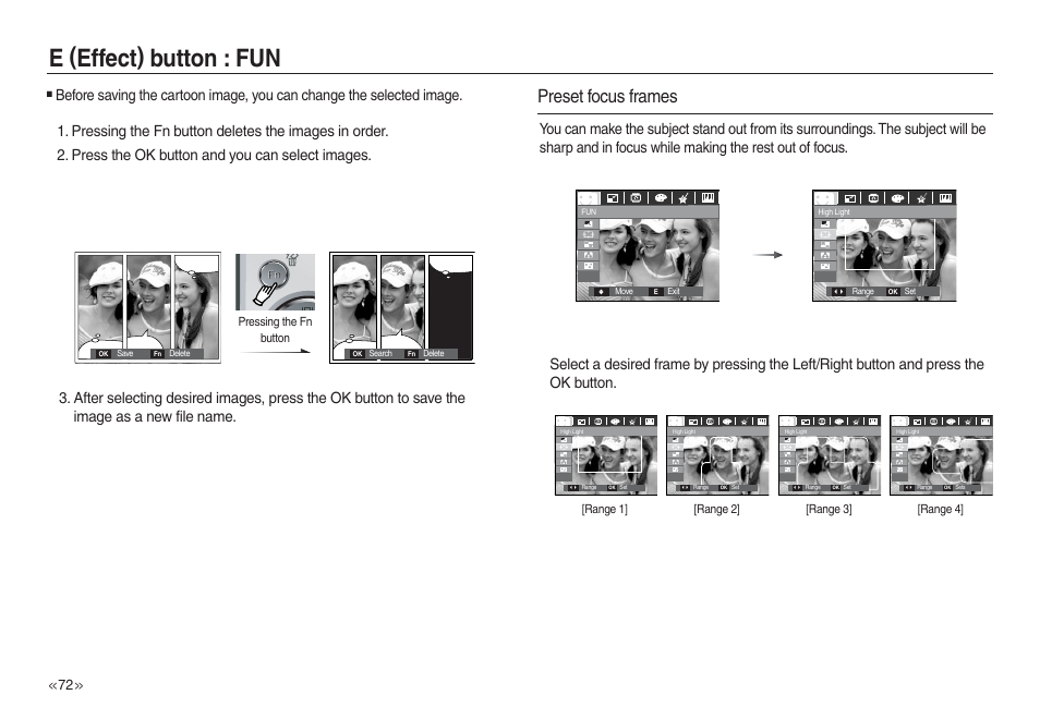 E (effect) button : fun, Preset focus frames | Samsung L730 User Manual | Page 73 / 111