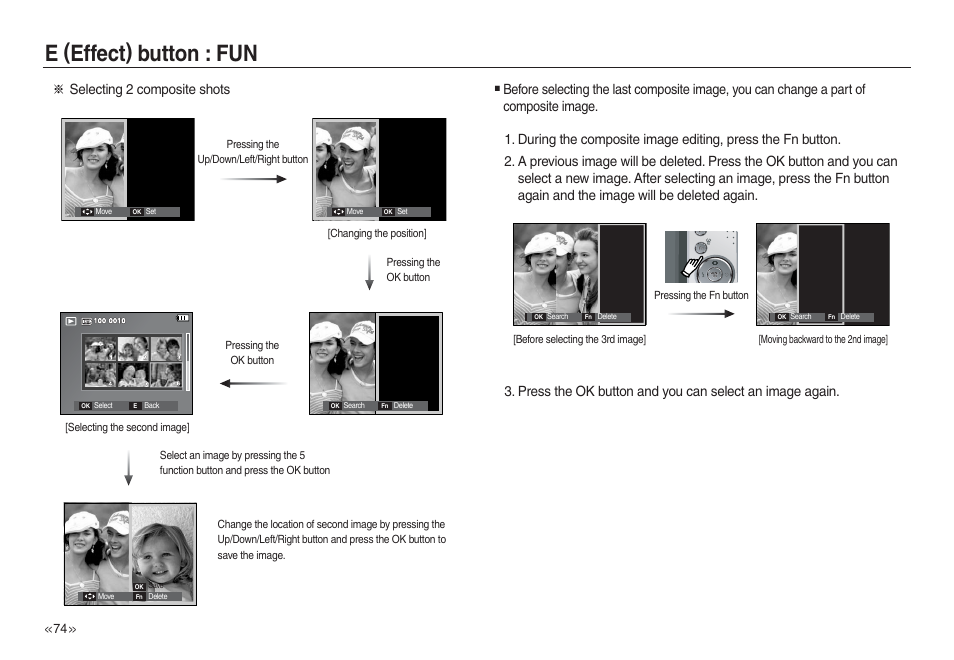 E (effect) button : fun, Selecting 2 composite shots | Samsung L730 User Manual | Page 75 / 111
