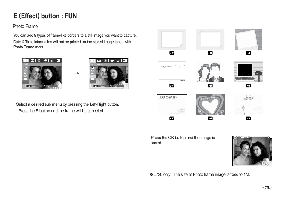 E (effect) button : fun, Photo frame | Samsung L730 User Manual | Page 76 / 111