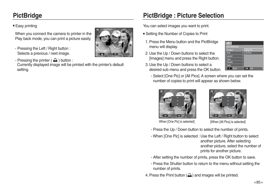 Pictbridge pictbridge : picture selection | Samsung L730 User Manual | Page 86 / 111