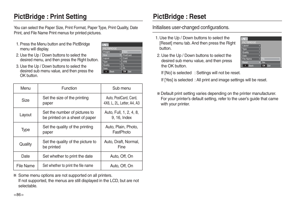 Pictbridge : print setting pictbridge : reset, Initialises user-changed configurations | Samsung L730 User Manual | Page 87 / 111